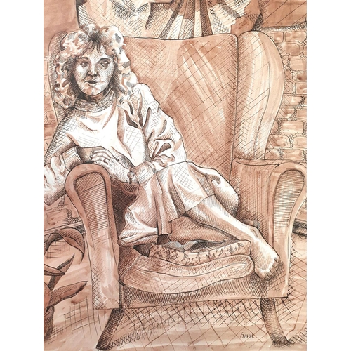 127 - Joseph SMEDLEY (1923-2016) watercolour wash and pen portrait of Sarah in an armchair, unsigned, unfr... 