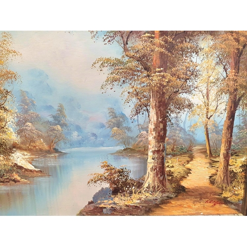 212 - I Cafieri 20th/21stC River landscape oil painting, wood frame,

The oil measures 49 x 59 cm