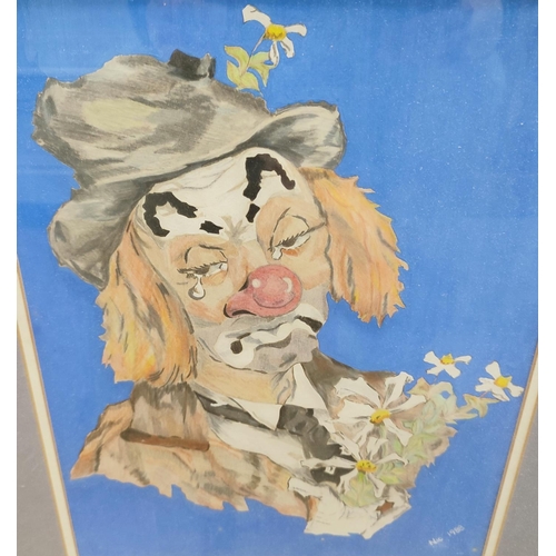 256 - Nic, 1988, watercolour portrait of a clown, framed and glazed