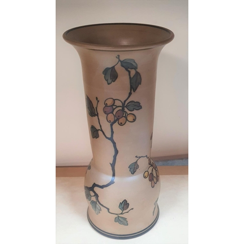 358 - Fine quality, mid 20thC tubular vase decorated with birds eating berries, indistinct impressed name ... 