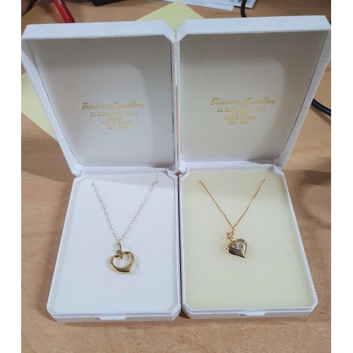 20 - Two, as new, never worn, 9ct gold heart pendants on fine 9ct gold chains, both in presentation boxes... 