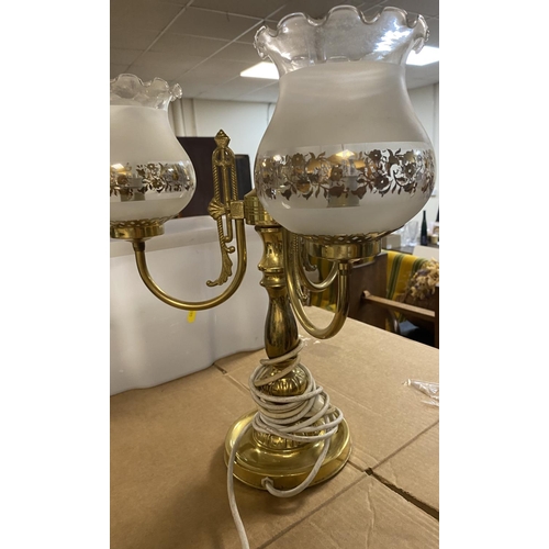 53 - Ornately cast, gilt metal tri-light with etched glass shades converted to electric lamp