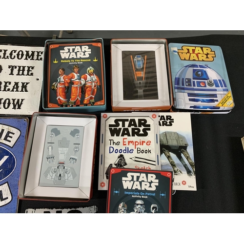 95 - Collection of modern signs together with 2 metal boxed Star Wars activity packs (Qty)