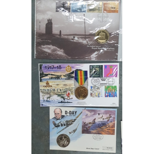 167 - 7 WW2 related QEII stamp & coin sets together with a Berlin airlift and a WW! related example with a... 