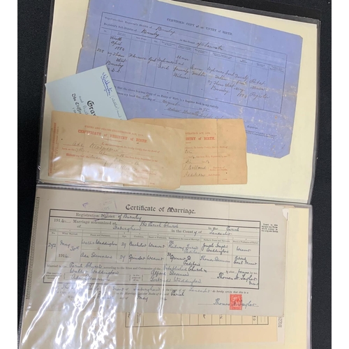 110 - Folder containing a collection of old and antique marriage and death certificates (Qty)