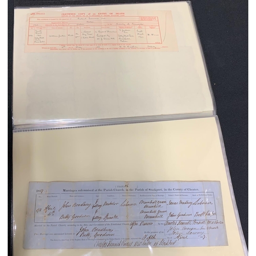 110 - Folder containing a collection of old and antique marriage and death certificates (Qty)