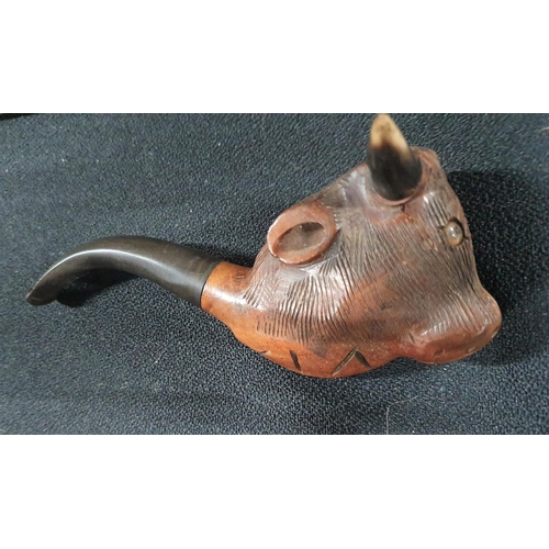 230 - Box of antiques and collectables to include a pipe in the form of a Bulls head etc (Qty)