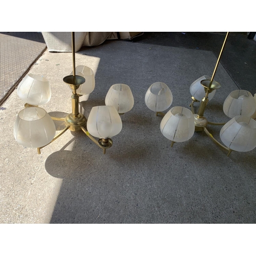 370 - Pair of 5 armed brass hanging lights with glass shades (2)