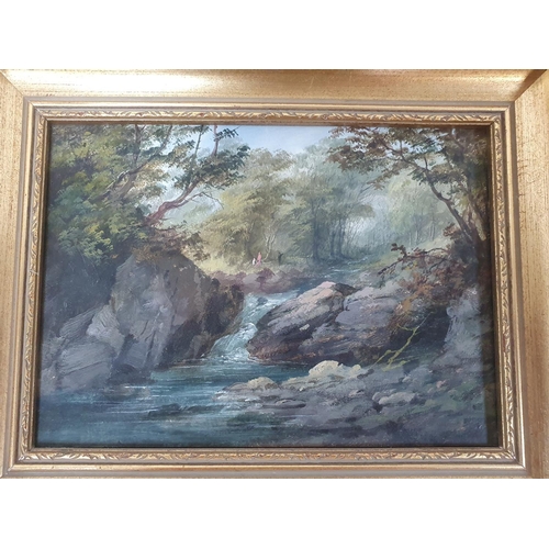 73 - Indistinctly signed, small oil on board depicting figures by a woodland waterfall, framed,

15 x 21 ... 