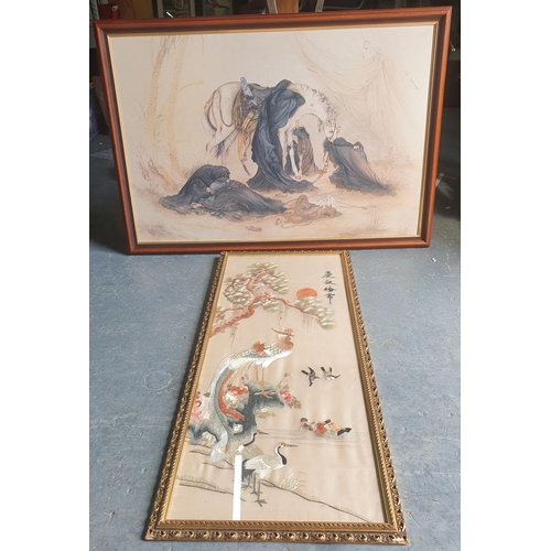 132 - Large framed Japanese silk-work panel depicting a bird of Paradise and other birds together with a f... 