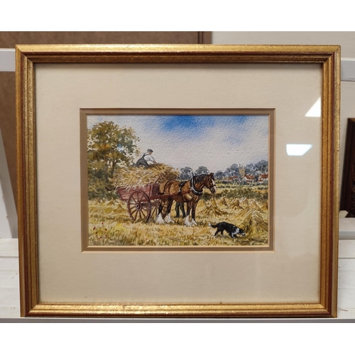 286 - S. Whigham, watercolour depicting a figure seated on a hay cart with a horse

12 x 17 cm