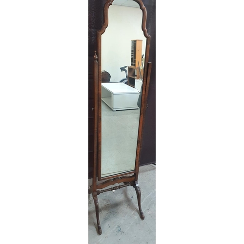 376 - Antique chevalier, free-standing burr walnut veneer mirror