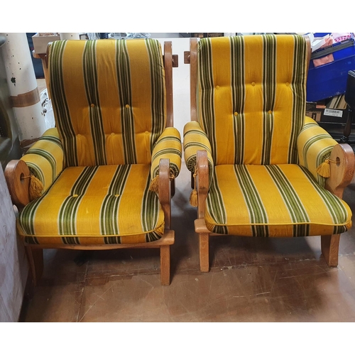 380 - Pair of mid 20thC solid wood framed, upholstered armchairs (2)