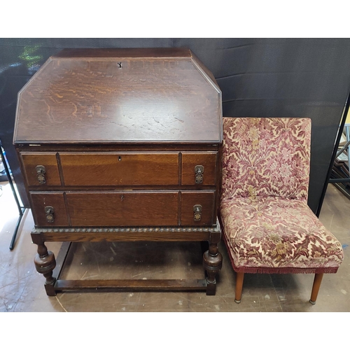 406 - Mid-century bureau, drop-front revealing inner compartments above two drawers with two keys together... 