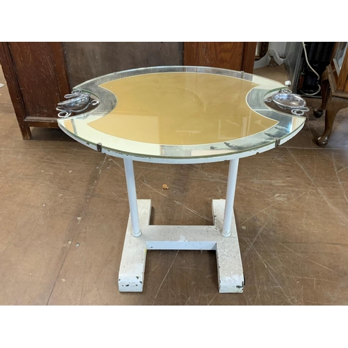 414 - Unusual retro glass-topped table with 2 built in ashtrays