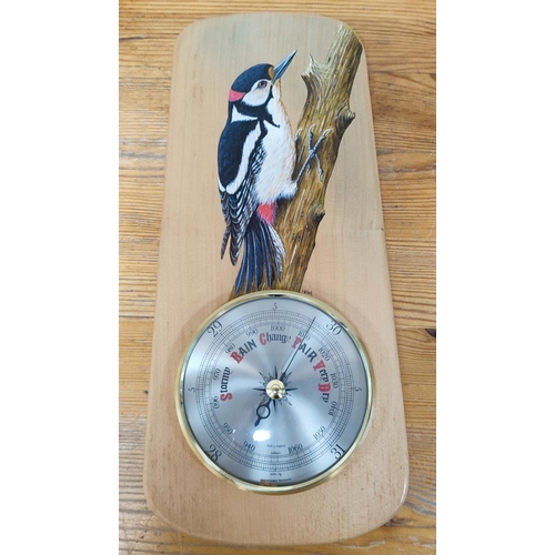 241 - J. Rowlinson barometer with hand-painted woodpecker signed Ivor on english sycamore panel