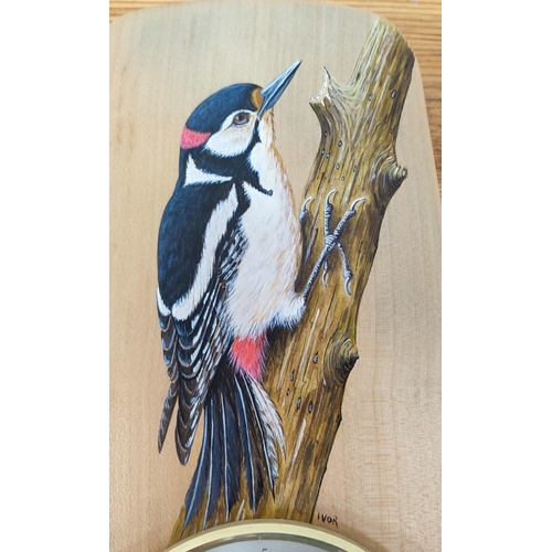 241 - J. Rowlinson barometer with hand-painted woodpecker signed Ivor on english sycamore panel