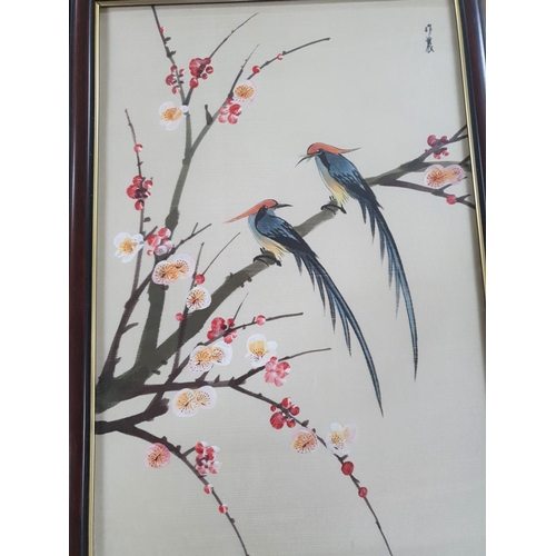 320 - Pair of Hong Kong watercolour on silk pictures depicting birds on a branch, both in matching frames ... 