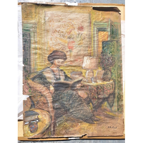 518 - Circle of E Vuillard, period pastel drawing of lady in interior, labels verso, bears signature, on t... 