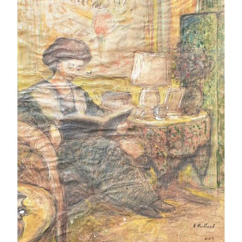 518 - Circle of E Vuillard, period pastel drawing of lady in interior, labels verso, bears signature, on t... 