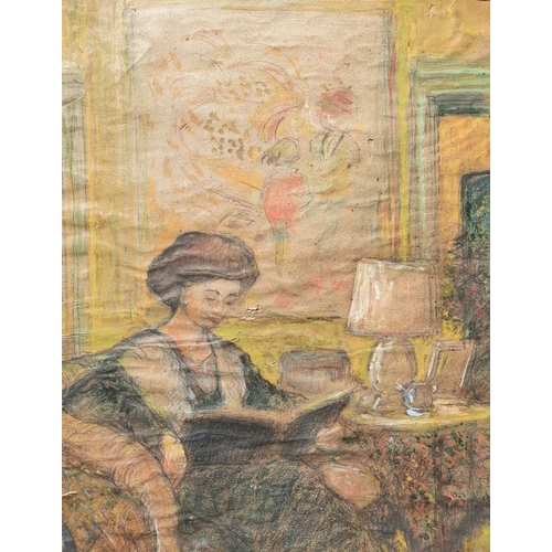 518 - Circle of E Vuillard, period pastel drawing of lady in interior, labels verso, bears signature, on t... 