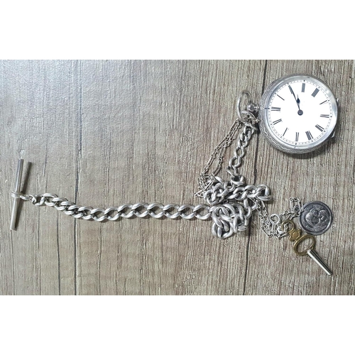 49 - Antique silver pocket watch with silver albert chain and key on a chain, the inside back of the watc... 