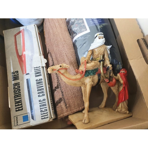 1186 - Box of miscellaneous items to include a fine quality Greek display plate, a figurine of a camel ride... 