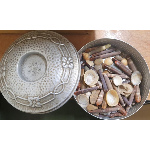 1192 - Box of old tins and a wooden box, including contents of one box containing small shells