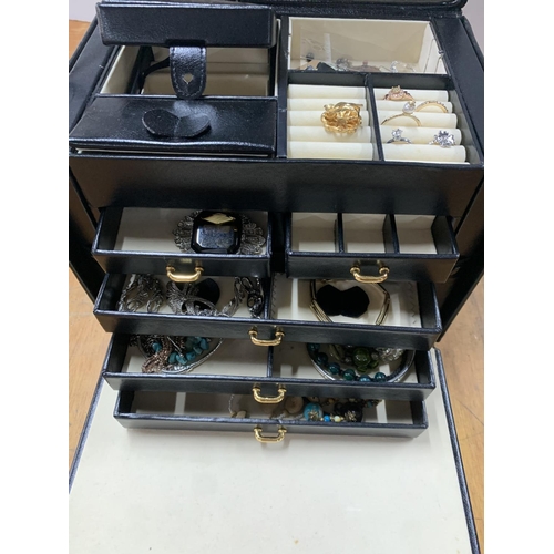 9 - Black Costume Jewellery Box With Contents