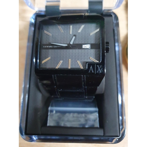 22 - Armani Exchange square faced black metal gents wristwatch with box together with 2 other Armani gent... 