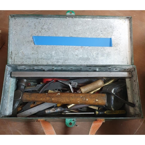 150 - variety of tools in a green metal tool box