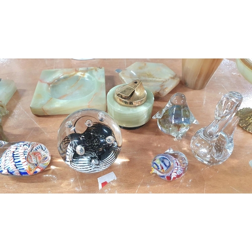 63 - Collection of small Onyx ornaments together with a few glass paper weights including a Caithness exa... 