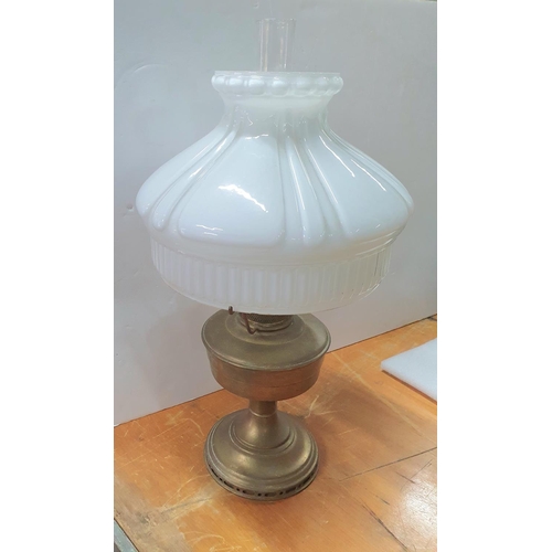 81 - Brass oil lamp with fine quality, large milk glass shade and flute