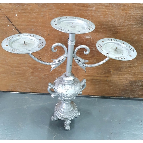 83 - Gray painted old metal table centre-piece tri-armed candle stand with a candle lantern etc