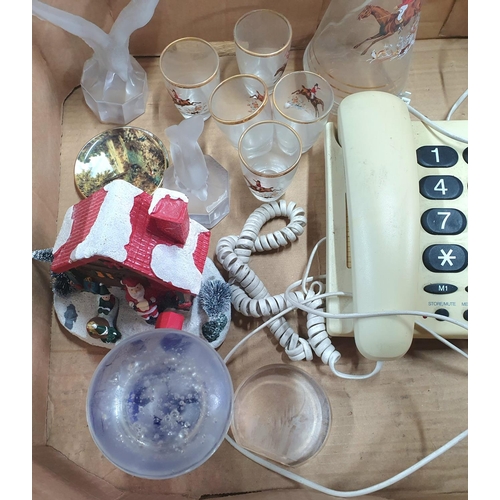 94 - Box of collectables to include 2 retro telephones, small pub mirror, glass paper-weights, cloth badg... 