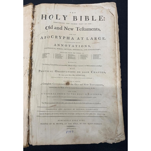 117 - Oversized 1788 Family Bible with tooled leather cover and numerous 18thC full sized religious prints