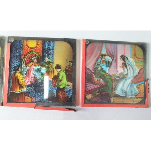 172 - Fourteen Victorian coloured slides on glass, we believe 6 are for Aladdin and 8 are for Dick Whittin... 