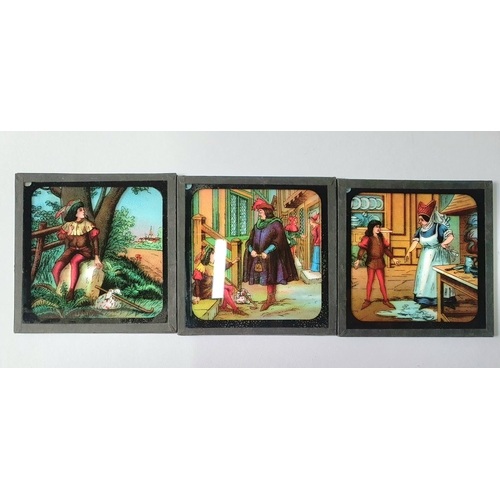 172 - Fourteen Victorian coloured slides on glass, we believe 6 are for Aladdin and 8 are for Dick Whittin... 