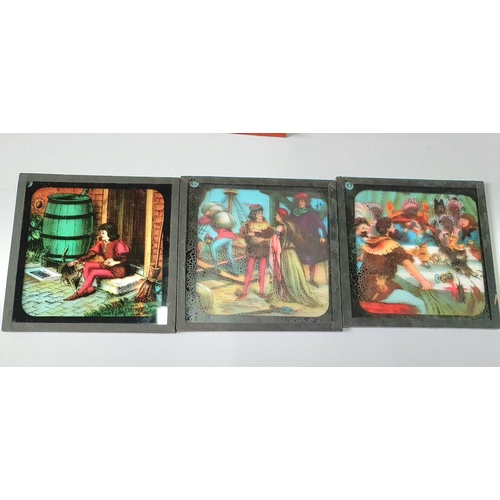 172 - Fourteen Victorian coloured slides on glass, we believe 6 are for Aladdin and 8 are for Dick Whittin... 