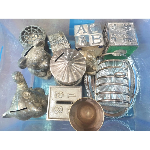 176 - Box of metalware to include children's savings boxes etc (Qty)