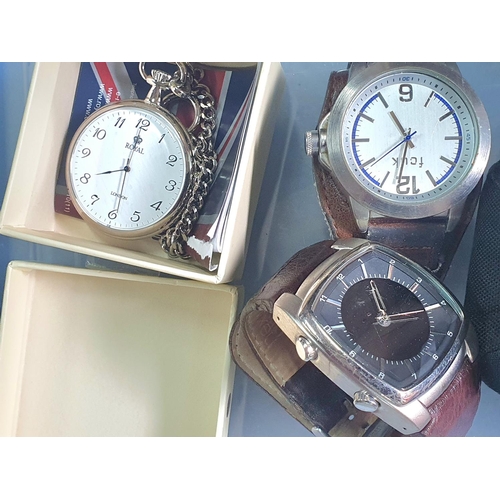 186 - Box of collectables to including 2 gents wristwatches, a pocket watch and a tablet etc (Qty)