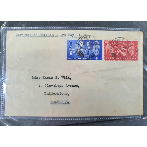 265 - Burgundy album containing a mix of British mainly QEII to include a 1951 Festival of Britain FDC, QE... 