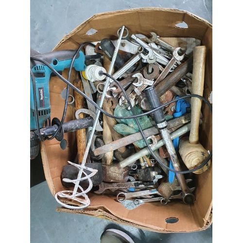 358 - Two boxes of tools to include some heavy duty spanners and a large electric Makita drill etc (Qty)