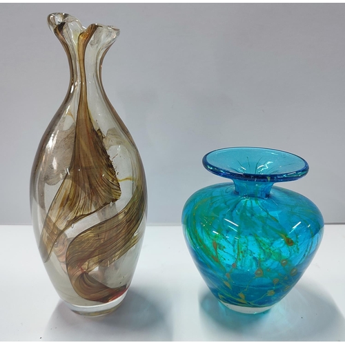 370 - Two Mdina glass vases, one mid-century blue and yellow swirls bud vase and a sandy brown Maltese ear... 