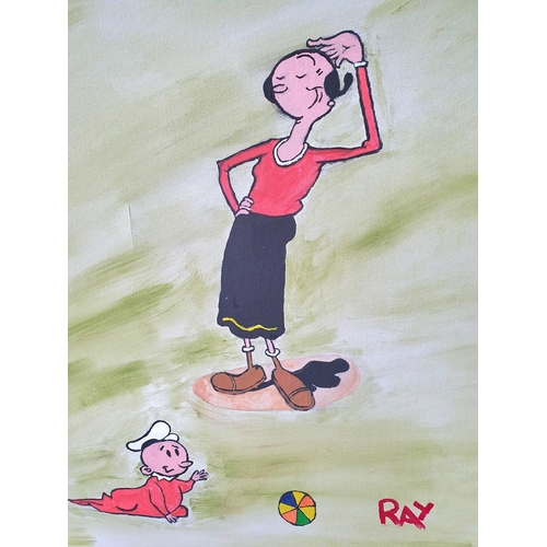 122 - Raymond Weinberg (20-21stC British) 3 oils on canvas depicting Popeye, Olive Oyl and Bluto (3), all ... 