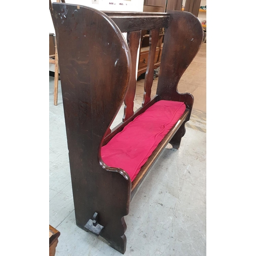 403 - High backed antique Oak church pew with red cushioning