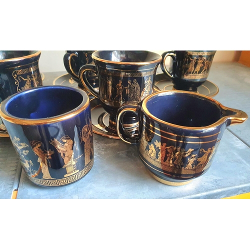 396 - Greek part-coffee set in 24kt gold leaf edging to include 6 cups and saucers, milk jug and sugar bow... 