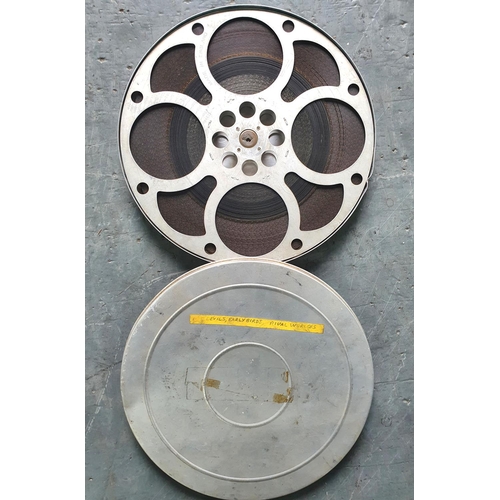 Vintage 20thC 35mm (?) metal film can containing a metal reel full of film,  the outer can is marked