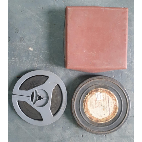 Old metal 16mm film tin containing a full film reel, label states it is  from Wallace Heaton Ltd of M