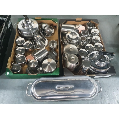 60 - Two boxes full of various retro metalware, mainly stainless steel including kettles (Qty)